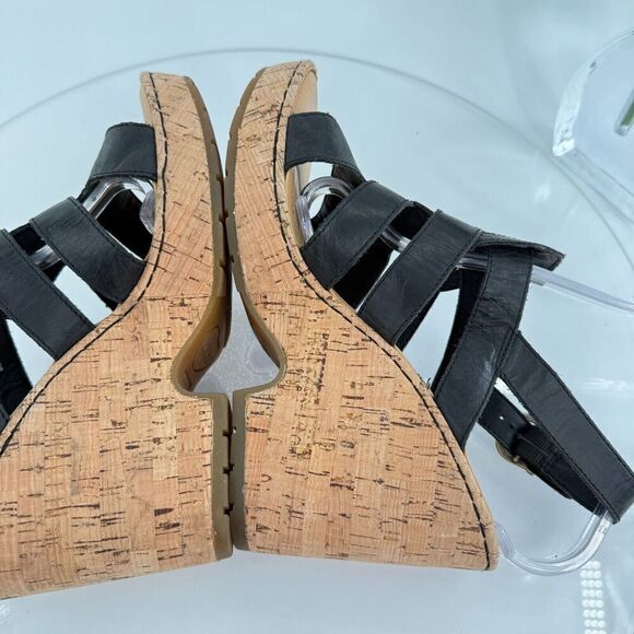 Born Bernese Womens Sandal Size 10 Black Leather Wedge Heel Open Toe Retro Caged - Picture 11 of 16